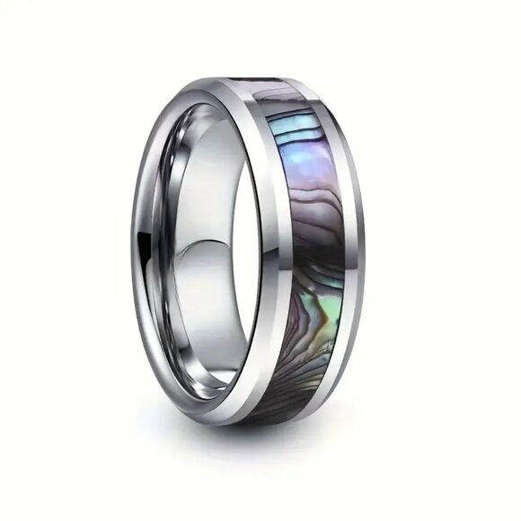 Tungsten Steel Carbide & Abalone Carbon Inlay Design statement Ring - Picture 2 of 7